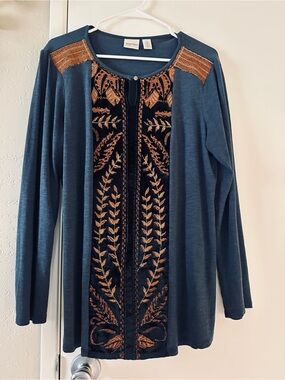 Chico’s Zenergy Embroidered Tunic Top Size 2 Large, Copper & Black Accents